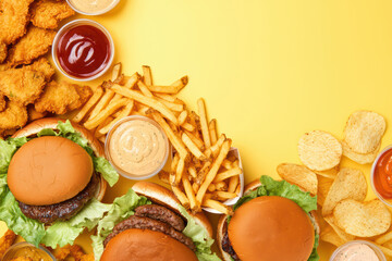 Delicious fast food spread featuring burgers, fries, chicken, and sauces. Perfect for casual meal or gathering with friends