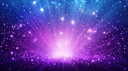 Naklejka premium Cosmic Burst: Vibrant purple and blue light explodes from the center, creating a dazzling display of energy and brilliance. Sparkling particles dance within the radiant beams.