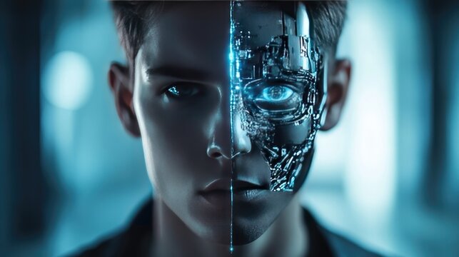 Humanity and Machine: A captivating portrait of a man, his face split between human flesh and gleaming metallic robotic components, suggesting a fusion of organic and artificial.