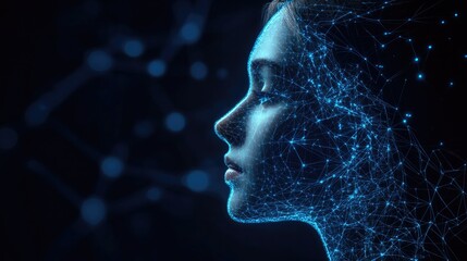 Fototapeta premium Digital Consciousness: Abstract Portrait of a Woman Formed by Glowing Network Lines 