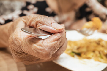 Closeup image of wrinkled hand of an elderly woman holding a fork while eating
