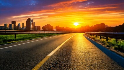Fototapeta premium asphalt highway with background of buildings and sunset 
