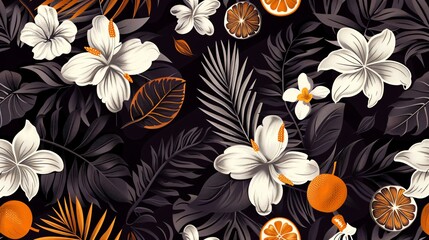 Exotic Dark Brown Tropical Flora and Fruit Seamless Pattern for Design Projects