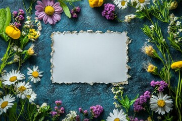 Colorful floral arrangement surrounds blank card on textured surface for creative projects and celebrations