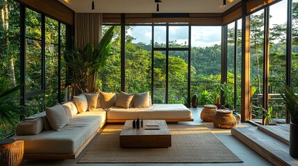 Fototapeta premium A modern living room with large windows that offer a stunning view of the surrounding forest.