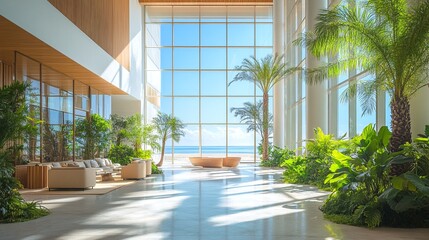 A large room with high ceilings and a wall of windows overlooking a beach, features white couches, wooden side tables, and green plants throughout.