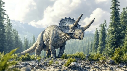 Fototapeta premium A Triceratops stands in a lush, prehistoric landscape surrounded by trees and mountains.