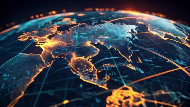 A 3D world map with glowing lines representing trade routes and financial data flows, with graphs overlaying major economic hubs, 4k High-Quality background animation video