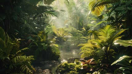 Serene jungle scene with a clear stream surrounded by dense greenery, sunlight streaming through the foliage, and a tranquil rainforest atmosphere.	