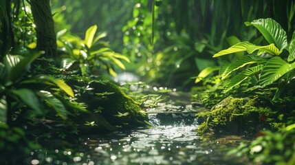 Fototapeta premium Serene jungle scene with a clear stream surrounded by dense greenery, sunlight streaming through the foliage, and a tranquil rainforest atmosphere. 
