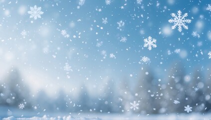 Fototapeta premium Delicate snowflakes gently drift through a serene winter landscape, embracing the tranquility of nature in a soft blue haze, inviting wonder during the frosty season