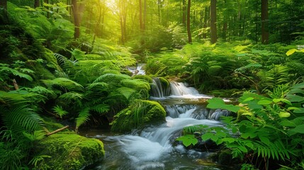 Obraz premium Serene jungle scene with a clear stream surrounded by dense greenery, sunlight streaming through the foliage, and a tranquil rainforest atmosphere. 