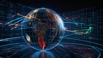 A rotating 3D globe with vibrant network nodes connected by lines, accompanied by fluctuating financial charts, 4k High-Quality background animation video - Powered by Adobe