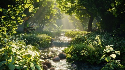 Fototapeta premium Serene jungle scene with a clear stream surrounded by dense greenery, sunlight streaming through the foliage, and a tranquil rainforest atmosphere.
