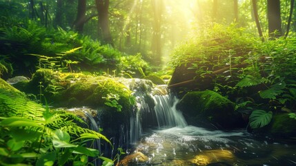 Serene jungle scene with a clear stream surrounded by dense greenery, sunlight streaming through the foliage, and a tranquil rainforest atmosphere.	