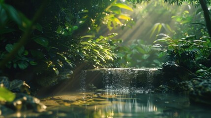 Obraz premium Serene jungle scene with a clear stream surrounded by dense greenery, sunlight streaming through the foliage, and a tranquil rainforest atmosphere. 