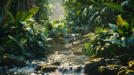 Fototapeta premium Serene jungle scene with a clear stream surrounded by dense greenery, sunlight streaming through the foliage, and a tranquil rainforest atmosphere. 
