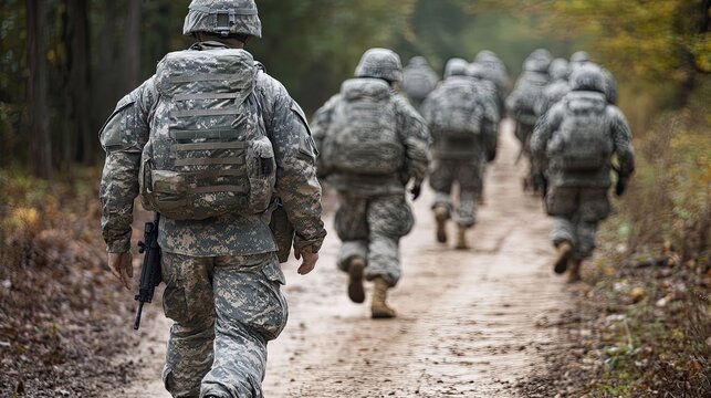 Soldiers in camouflage uniforms march on a dirt road through a forest.