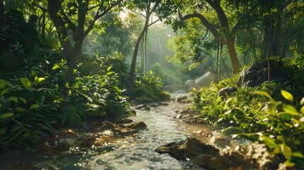 Serene jungle scene with a clear stream surrounded by dense greenery, sunlight streaming through the foliage, and a tranquil rainforest atmosphere.