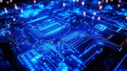 A close-up of a computer motherboard with blue circuitry and microchips is displayed in this image.