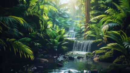 Naklejka premium Serene jungle scene with a clear stream surrounded by dense greenery, sunlight streaming through the foliage, and a tranquil rainforest atmosphere.