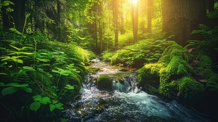 Obraz premium Serene jungle scene with a clear stream surrounded by dense greenery, sunlight streaming through the foliage, and a tranquil rainforest atmosphere.