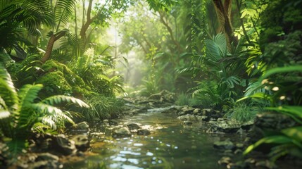 Serene jungle scene with a clear stream surrounded by dense greenery, sunlight streaming through the foliage, and a tranquil rainforest atmosphere.