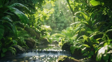 Fototapeta premium Serene jungle scene with a clear stream surrounded by dense greenery, sunlight streaming through the foliage, and a tranquil rainforest atmosphere.