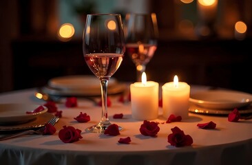 Romantic dinner with candles, wine and rose petals on the table, Valentine's Day