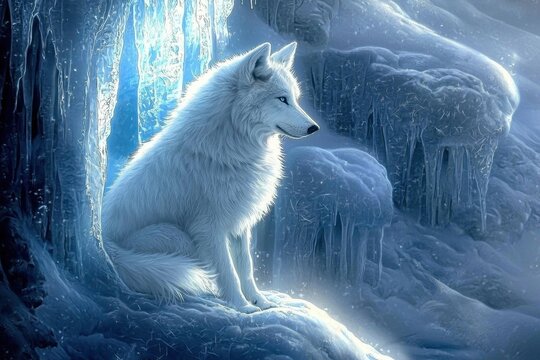 A serene scene of a white wolf nestled within a frozen cave.