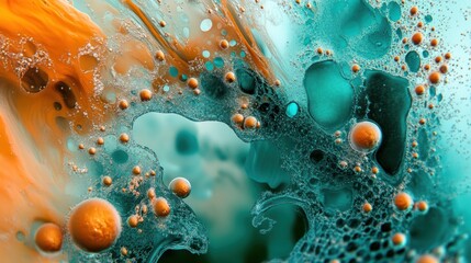 Abstract vibrant teal and orange liquid with bubbles.