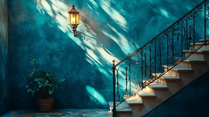 A blue staircase with ornate black railing and lantern is surrounded by shadows from trees.