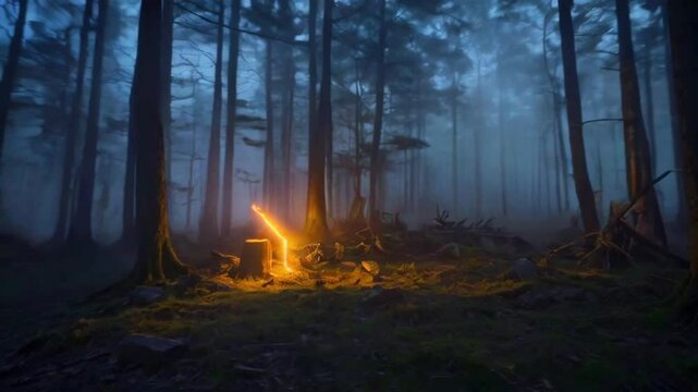The fog is mysterious glowing runes flickering ethereal lights, suggesting a magical battle once took place, 4k High-Quality background animation video