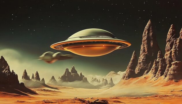 An enigmatic UFO spotted soaring over the Martian landscape.