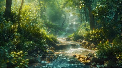 Serene jungle scene with a clear stream surrounded by dense greenery, sunlight streaming through the foliage, and a tranquil rainforest atmosphere.