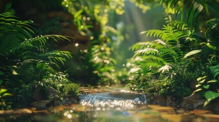 Fototapeta premium Serene jungle scene with a clear stream surrounded by dense greenery, sunlight streaming through the foliage, and a tranquil rainforest atmosphere.