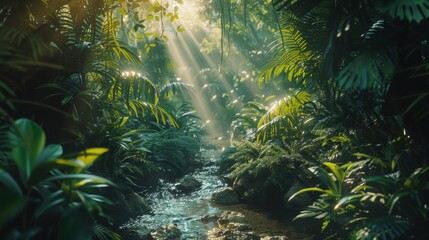 Obraz premium Serene jungle scene with a clear stream surrounded by dense greenery, sunlight streaming through the foliage, and a tranquil rainforest atmosphere.