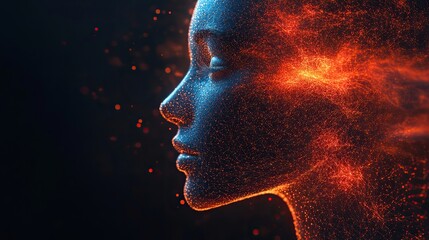Obraz premium An abstract digital design of a face represents artificial intelligence, business networking, and cloud computing