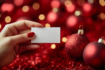 Hand holding a blank card near shiny red ornaments during festive holiday season