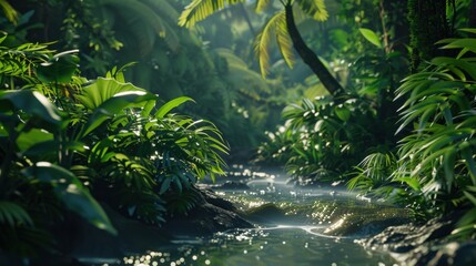 Fototapeta premium Serene jungle scene with a clear stream surrounded by dense greenery, sunlight streaming through the foliage, and a tranquil rainforest atmosphere.