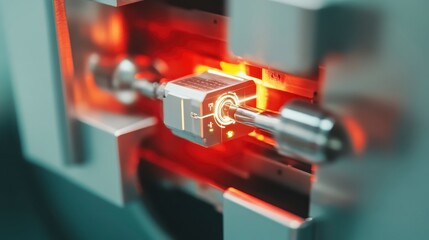 A close-up view of a precision machining component illuminated with red light, showcasing advanced technology in a manufacturing setting.