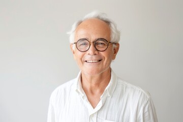 Fototapeta premium A poised older man with glasses, his warm and approachable smile highlighted on a clean and bright white canvas