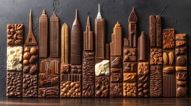 A collection of chocolate bars and sculptures shaped like city skylines.