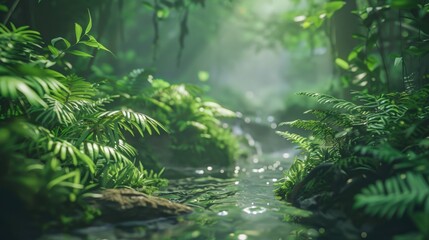 Fototapeta premium Serene jungle scene with a clear stream surrounded by dense greenery, sunlight streaming through the foliage, and a tranquil rainforest atmosphere.