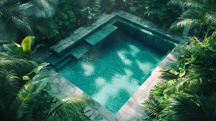 A serene and inviting backyard pool surrounded by lush tropical foliage.