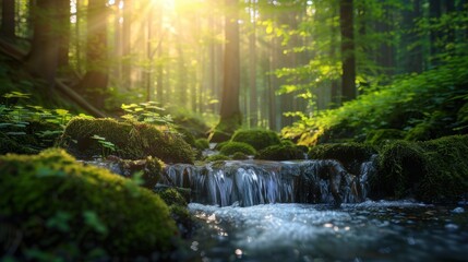 Serene jungle scene with a clear stream surrounded by dense greenery, sunlight streaming through the foliage, and a tranquil rainforest atmosphere.