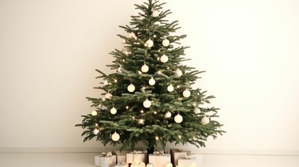 A beautifully decorated Christmas tree with white ornaments stands gracefully against a plain wall, surrounded by wrapped gifts beneath its branches.