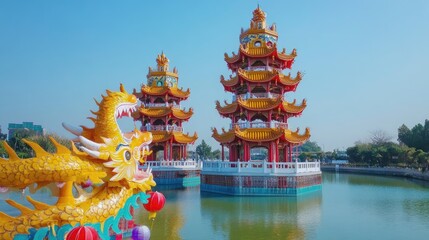 Chinese Pagodas Reflecting in a Calm Lake