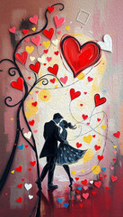 Fototapeta premium Valentine's Day card design. Illustration with oil paint. Pattern for printing on wall decorations, covers, wallpapers