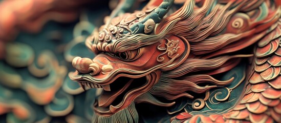 Fototapeta premium Close-up of an intricately carved Asian dragon statue, showcasing vibrant colors and detailed scales and features.